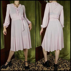 Vintage 70s Semi Sheer Lilac Ruffled Midi Dress, XS/S